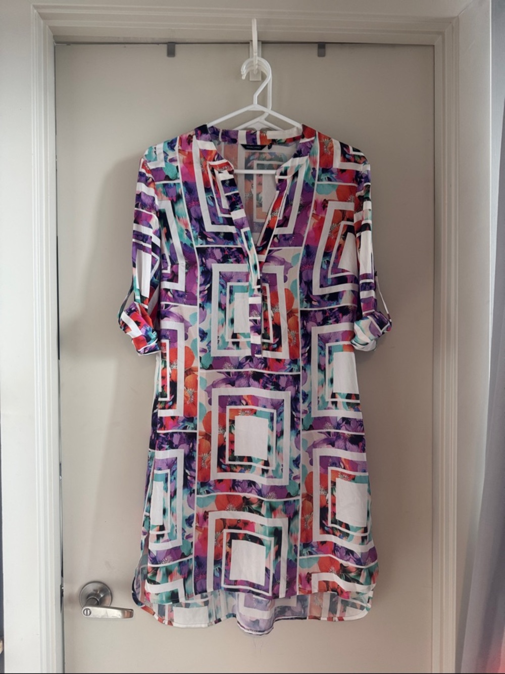 Marciano Multicolor Geometric Floral dress- Purple, Teal & Coral